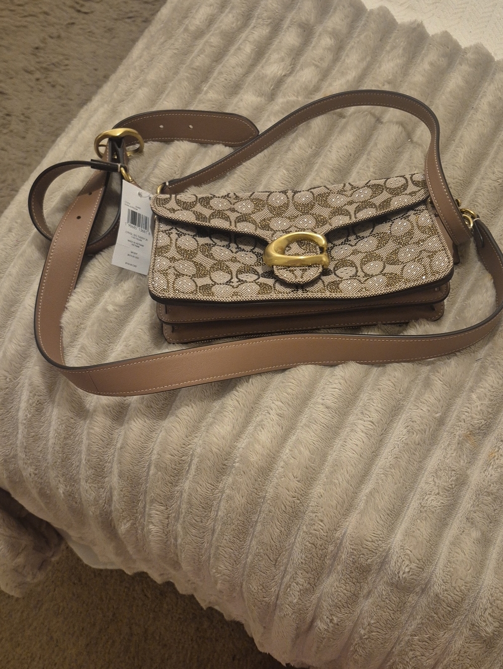 Coach Signature Canvas Crossbody with Tan Leather Trim and Gold Hardware